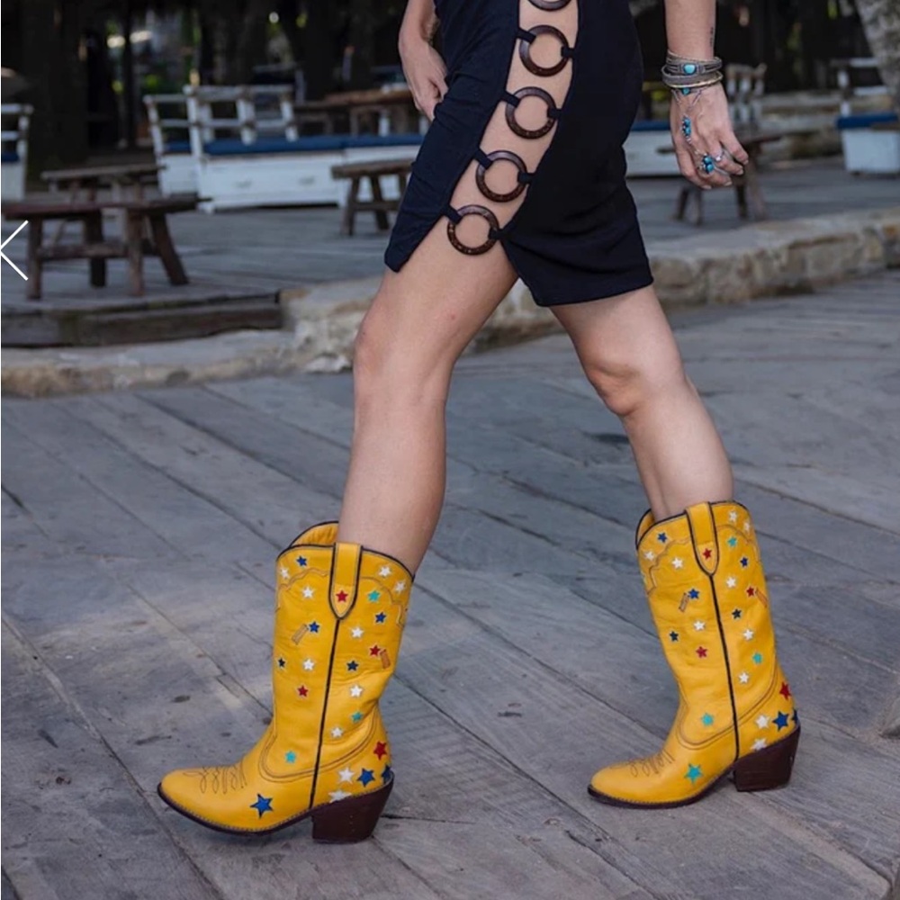 Chasing Unicorns Yellow Leather Cowboy Boots with Multicolor Star Appliqués - Picture 3 of 9